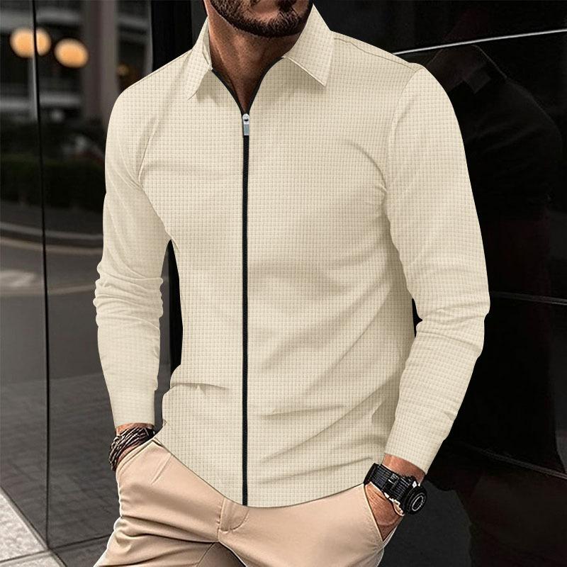 Mens Solid Waffle Lapel Zipper Casual Jacket 05357726Z