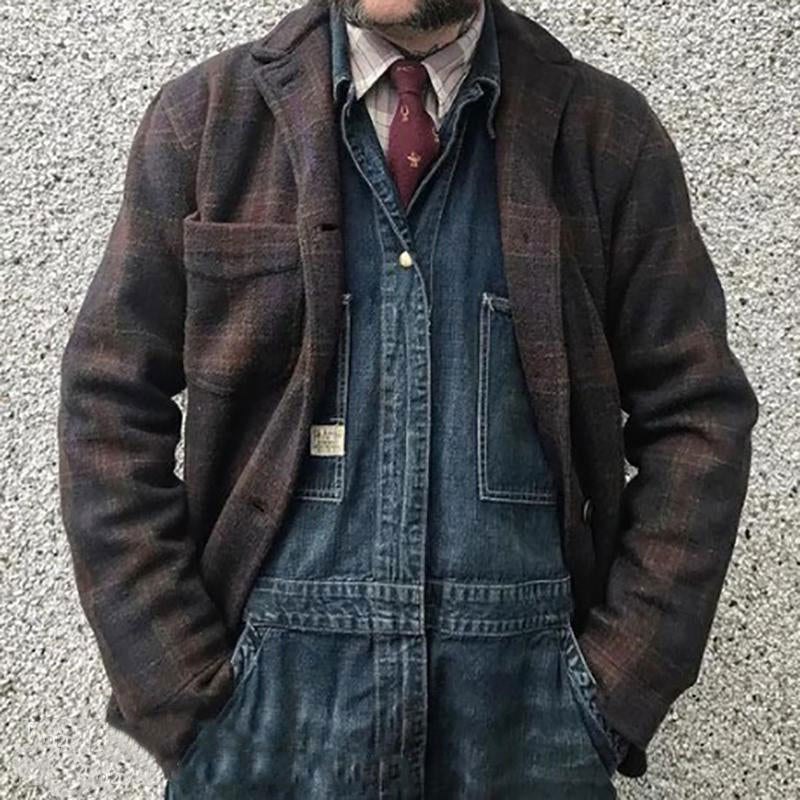 Mens Retro Checkered Lapel Loose Jacket 84918520X