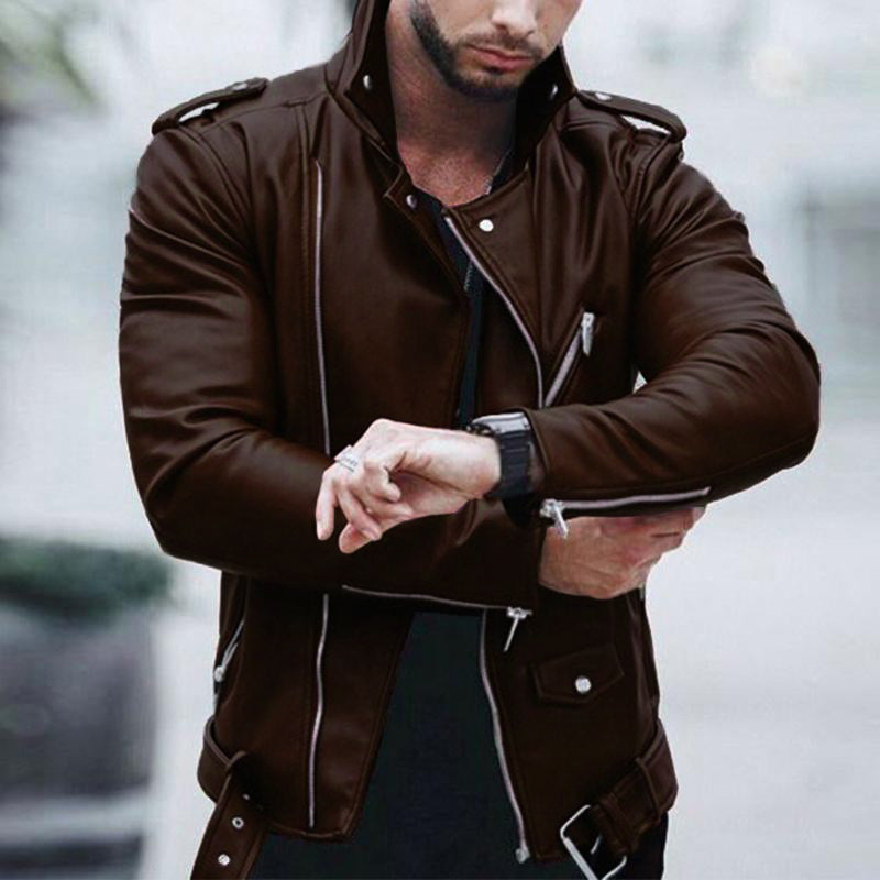 Mens Vintage Lapel Zip Biker Leather Jacket 19672610M