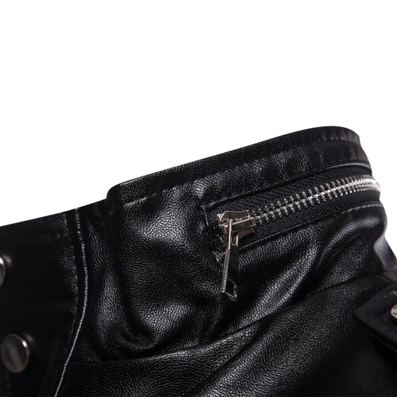 Mens Solid Color Stand Collar Leather Motor Jacket 40794811X