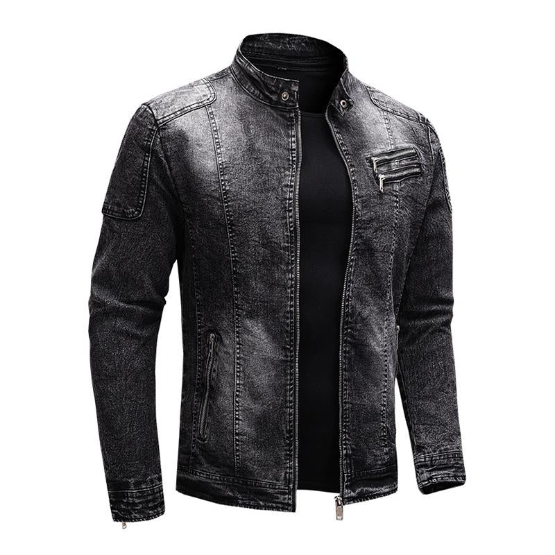 Mens Vintage Stand Collar Zipper Slim Denim Jacket 67794950M