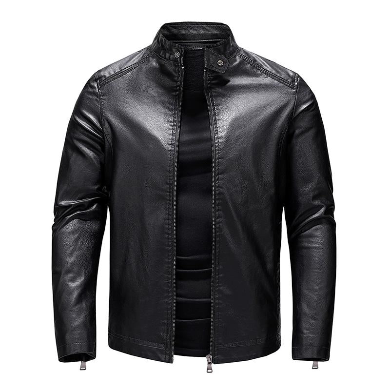 Mens Casual Stand Collar Leather Motor Jacket 37044301M