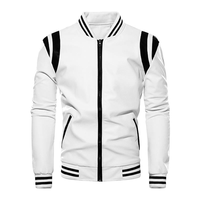 Mens Casual Color Contrasting Plush Leather Baseball Jacket 86960165M