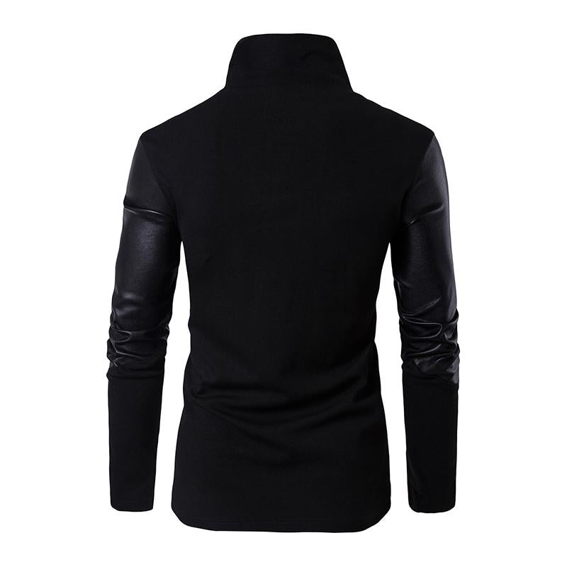 Mens Casual Stand Collar Slim Knit Leather Panel Jacket 05621291M