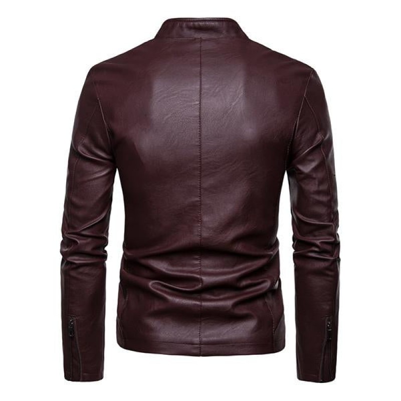 Mens Casual Biker Baseball Collar Leather Jacket 76940403M