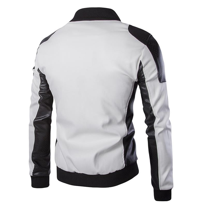 Mens Stand Collar Colorblock Vintage Leather Jacket 35645956M