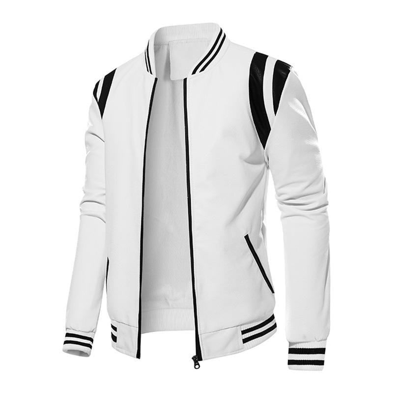 Mens Casual Color Contrasting Plush Leather Baseball Jacket 86960165M
