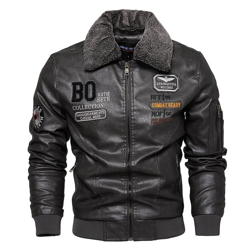 Mens Fleece Lapel Motorcycle Leather Jacket 27916904X