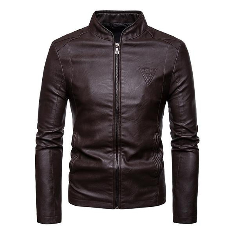 Mens Casual Biker Baseball Collar Leather Jacket 76940403M