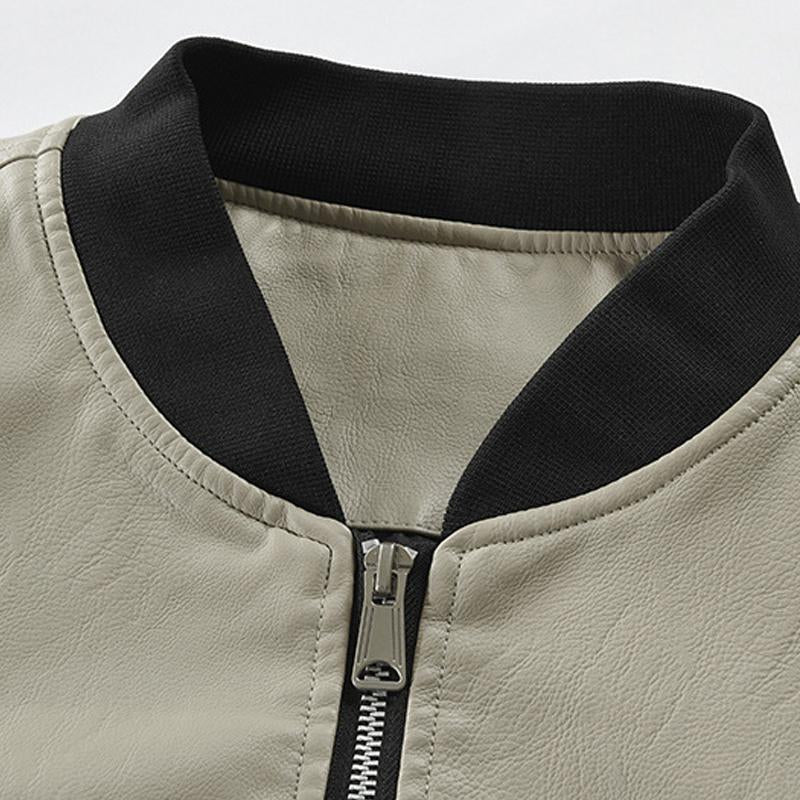 Mens Zipper Stand Collar Colorblock Leather Jacket 99146239X