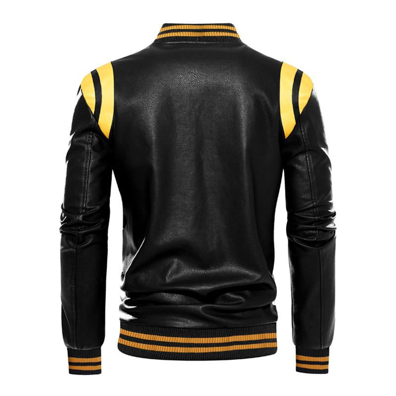 Mens Casual Color Contrasting Plush Leather Baseball Jacket 86960165M