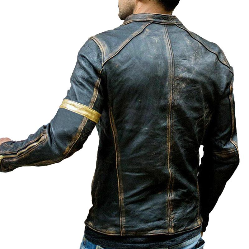 Mens Vintage Stand Collar Zipper Leather Jacket 41470326M