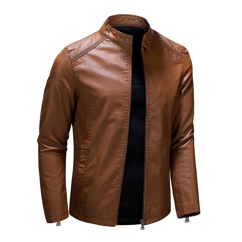 Mens Casual Stand Collar Leather Motor Jacket 37044301M