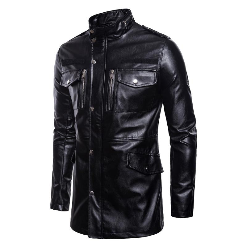 Mens Solid Color Stand Collar Leather Motor Jacket 40794811X