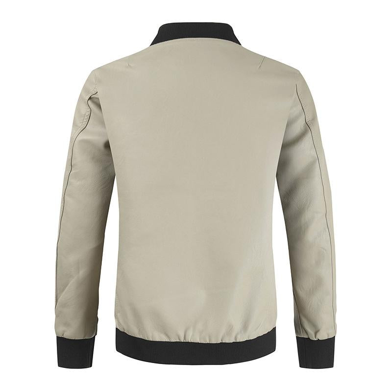 Mens Zipper Stand Collar Colorblock Leather Jacket 99146239X