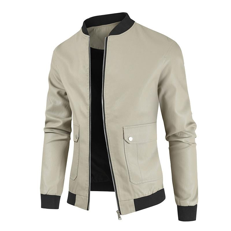 Mens Zipper Stand Collar Colorblock Leather Jacket 99146239X