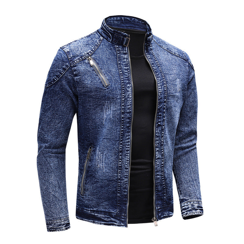 Mens Vintage Stand Collar Stretch Wash Denim Jacket 61904666M