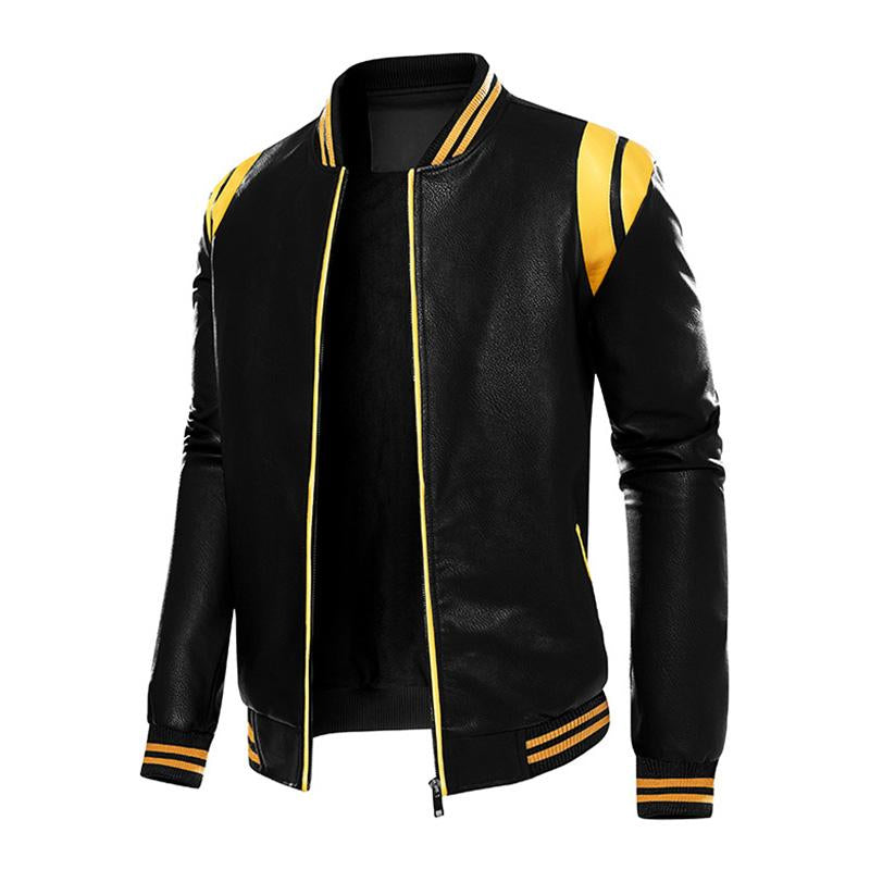 Mens Casual Color Contrasting Plush Leather Baseball Jacket 86960165M