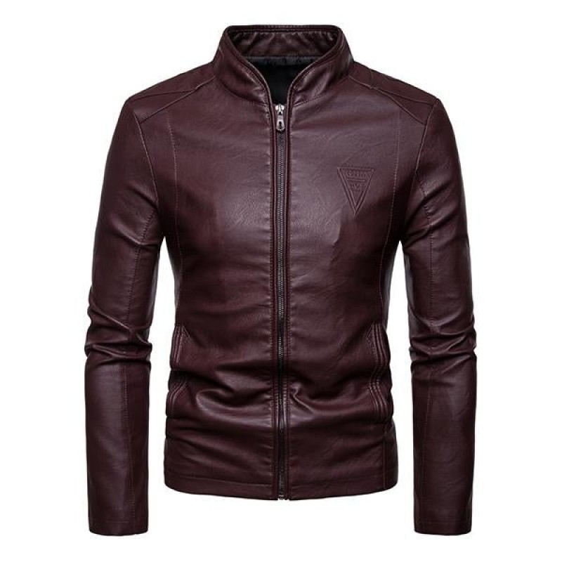 Mens Casual Biker Baseball Collar Leather Jacket 76940403M