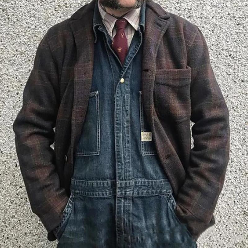 Mens Retro Checkered Lapel Loose Jacket 84918520X