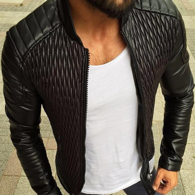 Mens Vintage Stand Collar Zip Leather Jacket 29376688M