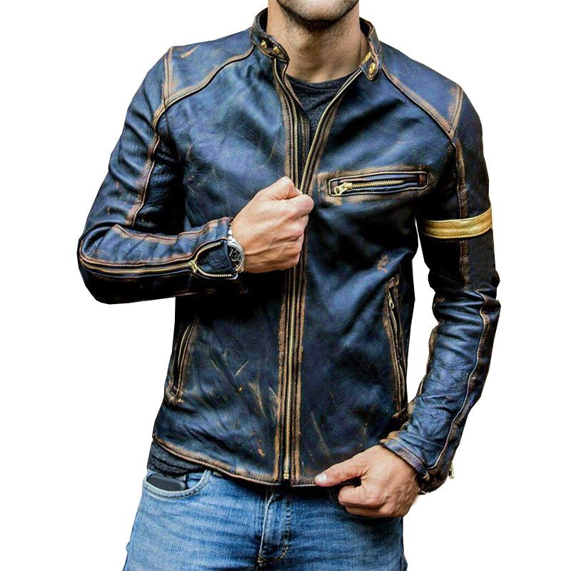 Mens Vintage Stand Collar Zipper Leather Jacket 41470326M