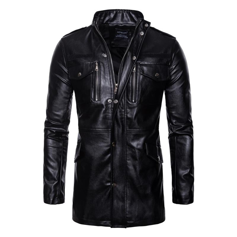 Mens Solid Color Stand Collar Leather Motor Jacket 40794811X
