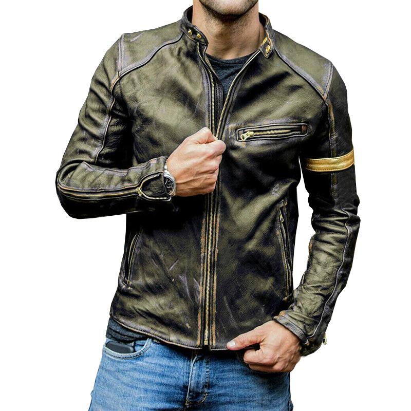 Mens Vintage Stand Collar Zipper Leather Jacket 41470326M
