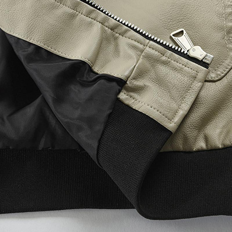 Mens Zipper Stand Collar Colorblock Leather Jacket 99146239X