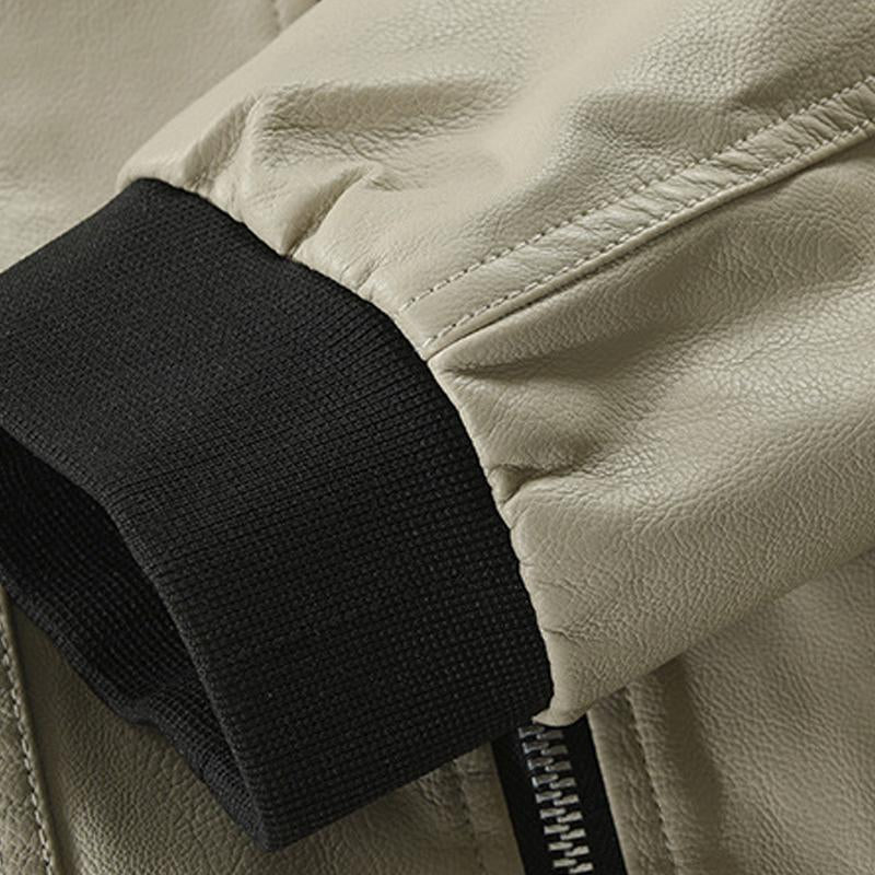 Mens Zipper Stand Collar Colorblock Leather Jacket 99146239X
