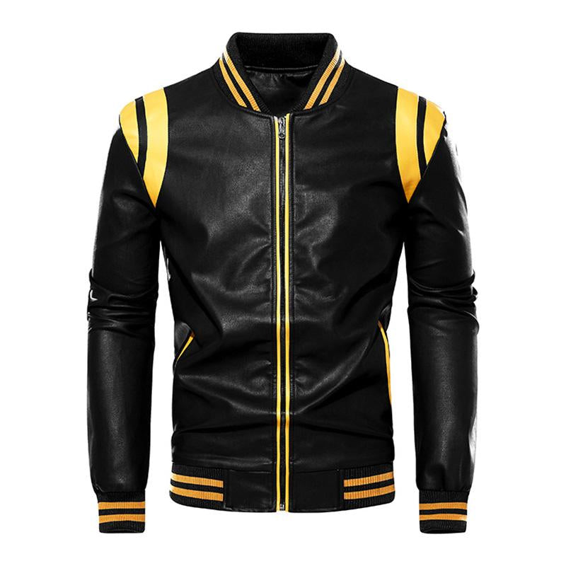 Mens Casual Color Contrasting Plush Leather Baseball Jacket 86960165M