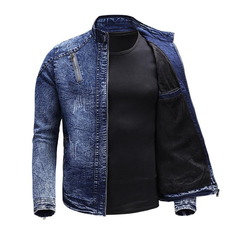 Mens Vintage Stand Collar Stretch Wash Denim Jacket 61904666M