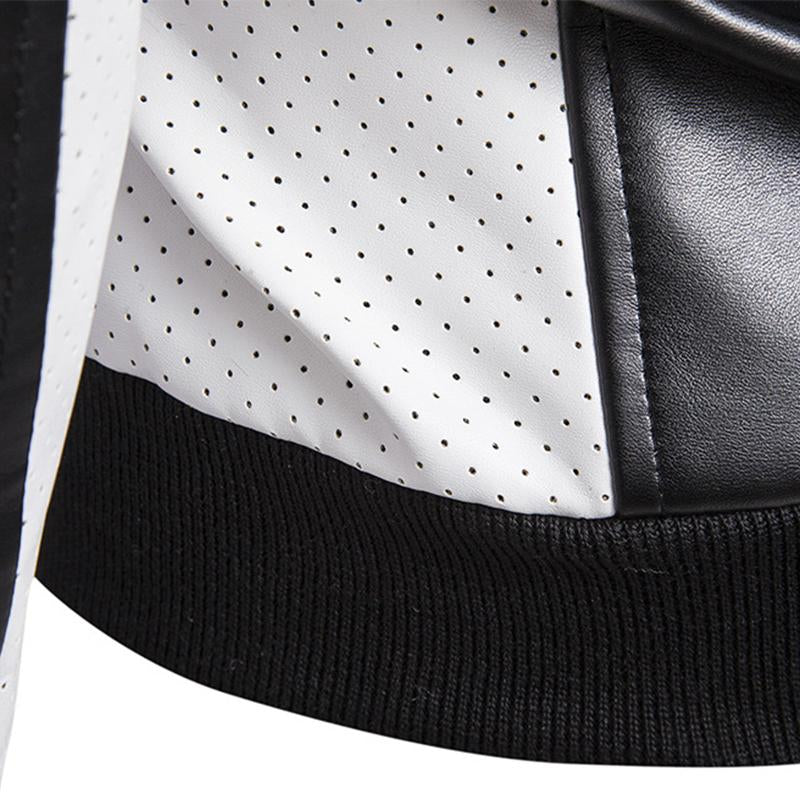 Mens Stand Collar Colorblock Vintage Leather Jacket 35645956M