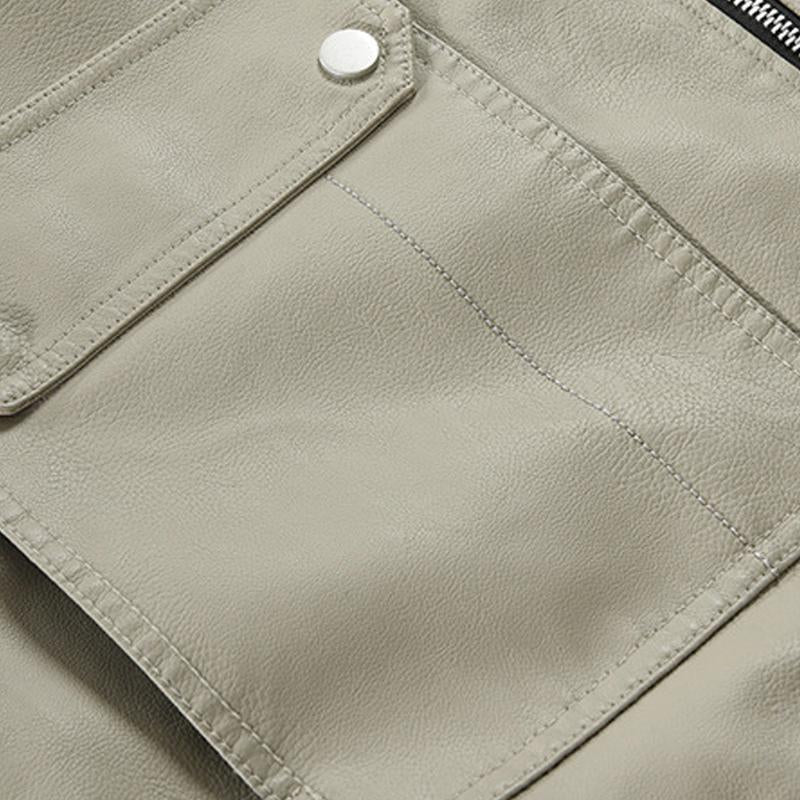 Mens Zipper Stand Collar Colorblock Leather Jacket 99146239X