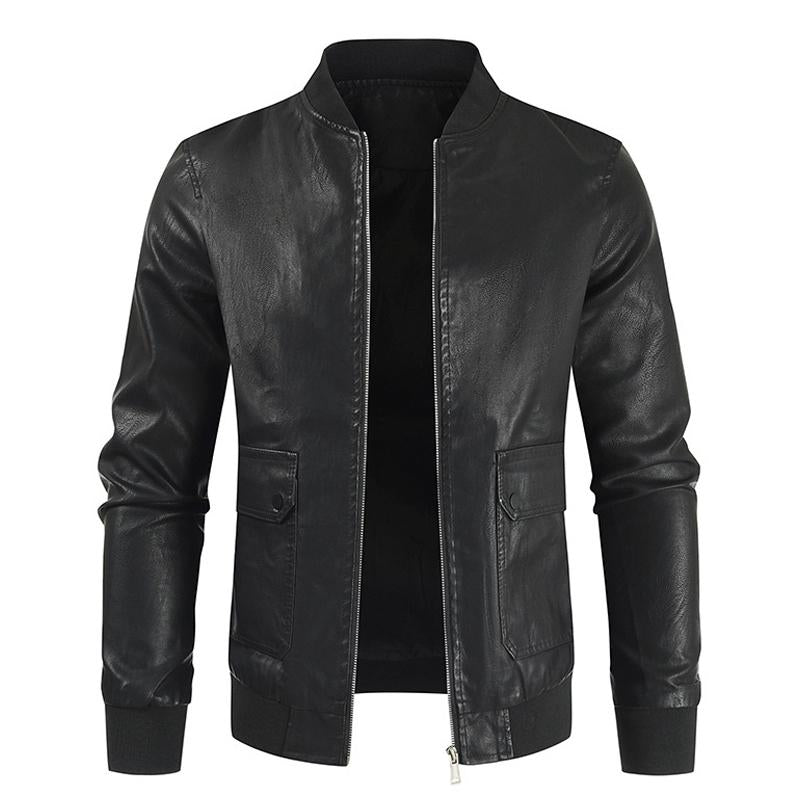 Mens Zipper Stand Collar Colorblock Leather Jacket 99146239X