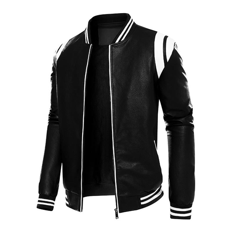 Mens Casual Color Contrasting Plush Leather Baseball Jacket 86960165M