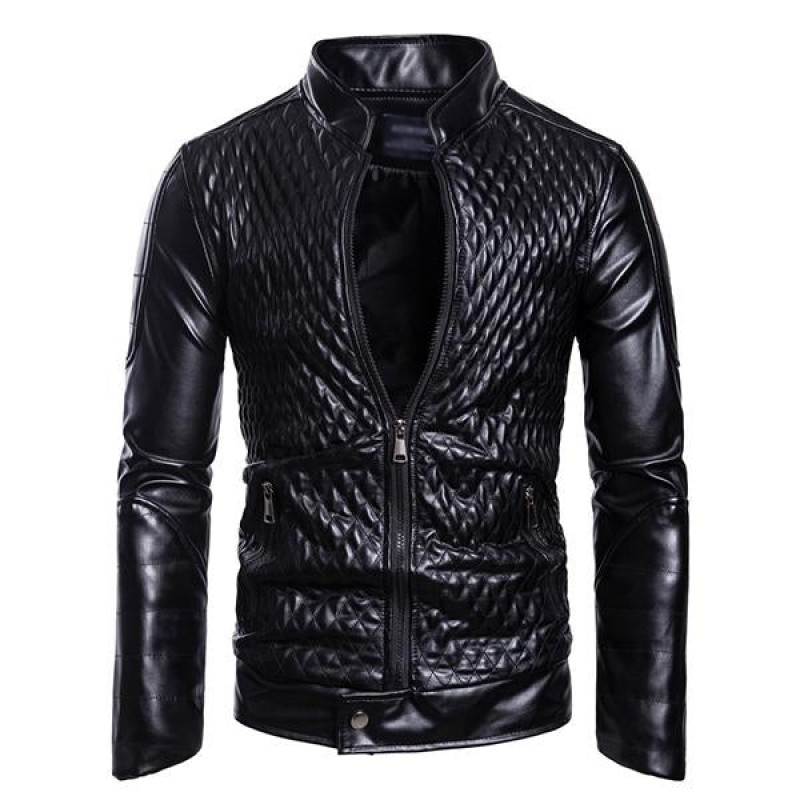 Mens Vintage Stand Collar Zip Leather Jacket 29376688M