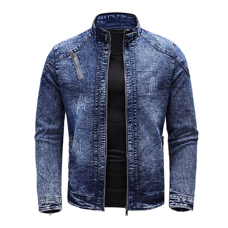Mens Vintage Stand Collar Stretch Wash Denim Jacket 61904666M