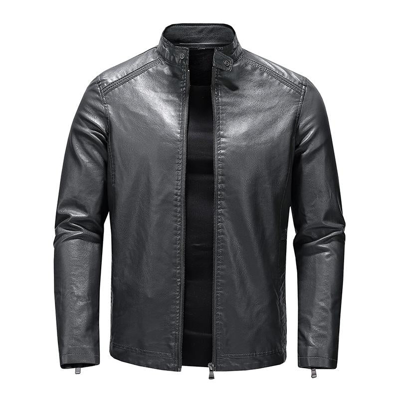 Mens Casual Stand Collar Leather Motor Jacket 37044301M