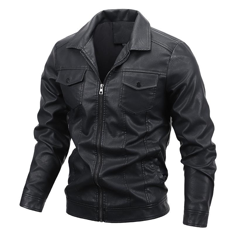 Mens Lapel Zipper Windproof Leather Jacket 79746341X