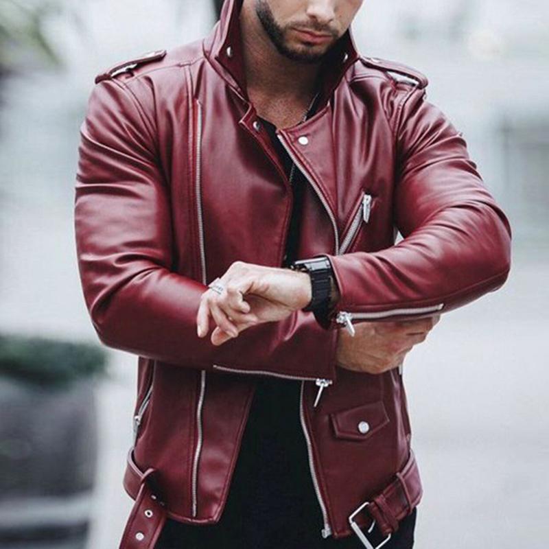 Mens Vintage Lapel Zip Biker Leather Jacket 19672610M