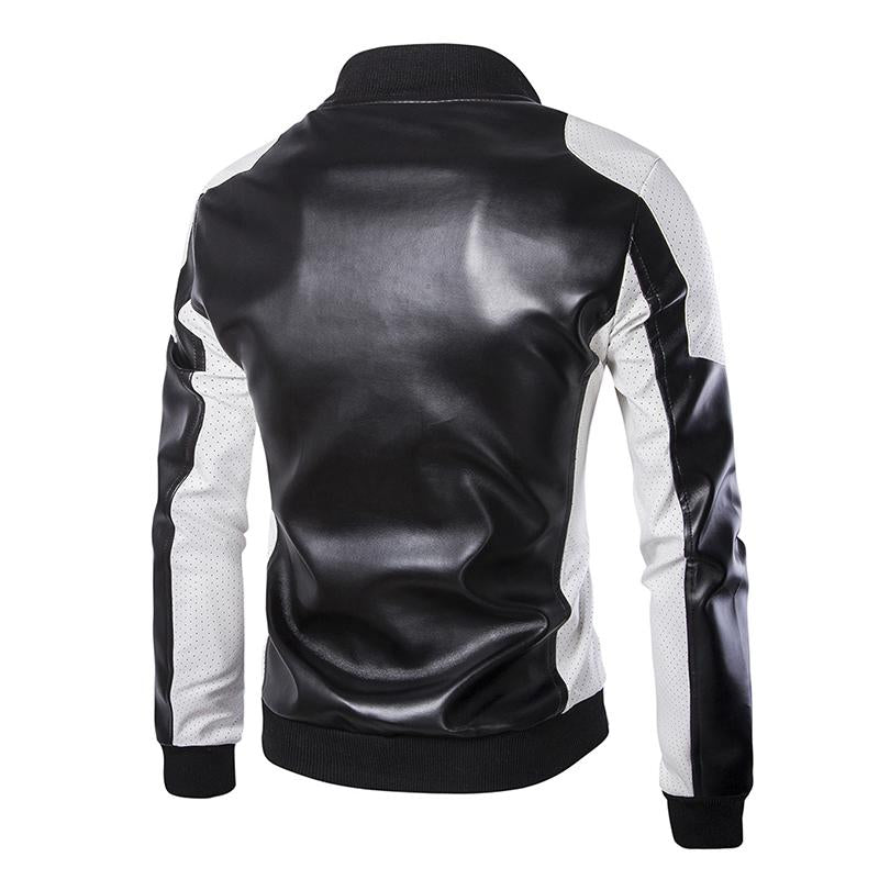 Mens Stand Collar Colorblock Vintage Leather Jacket 35645956M
