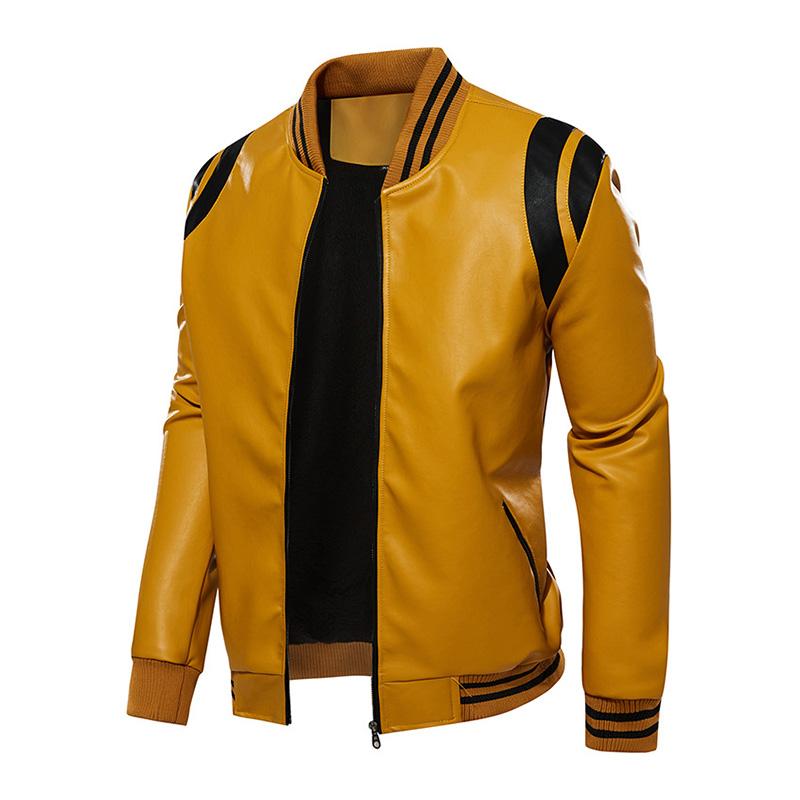 Mens Casual Color Contrasting Plush Leather Baseball Jacket 86960165M