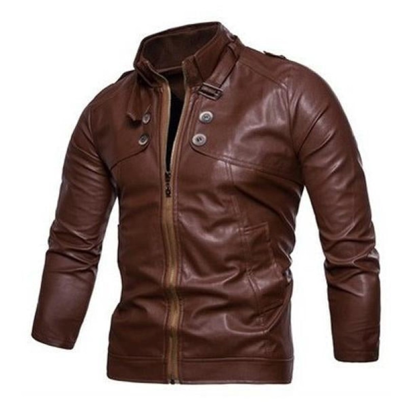 Mens Stand Collar Zip Leather Jacket 53168738X
