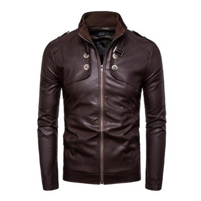 Mens Stand Collar Zip Leather Jacket 53168738X
