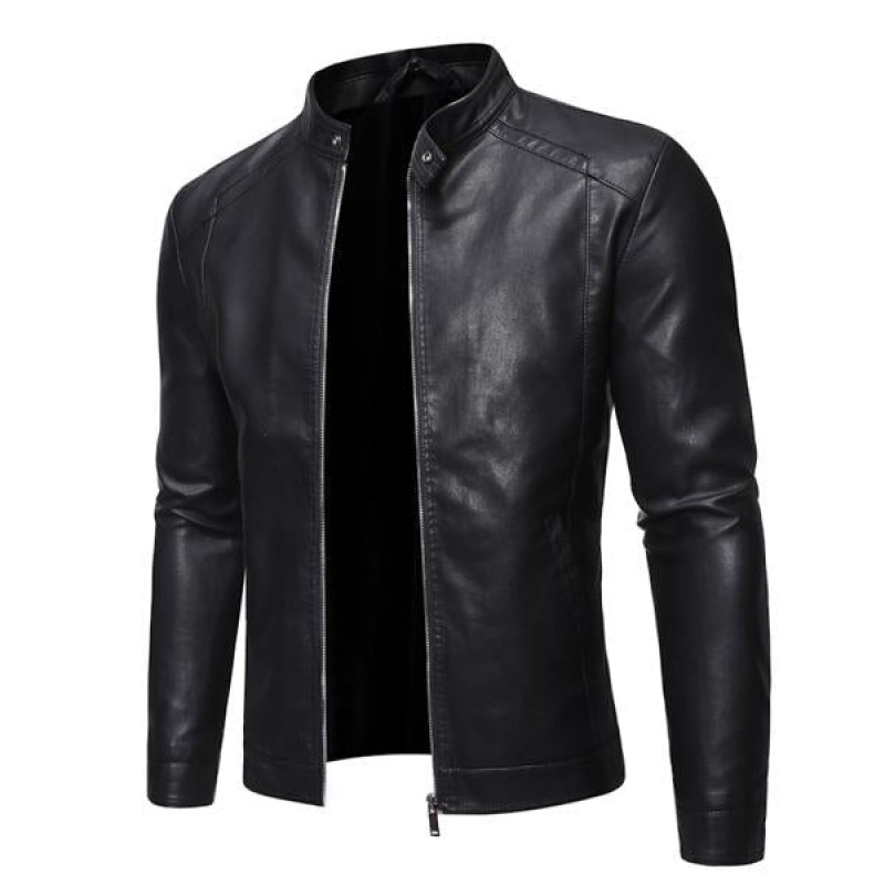 Mens Stand Collar Zip Leather Jacket 58055758X
