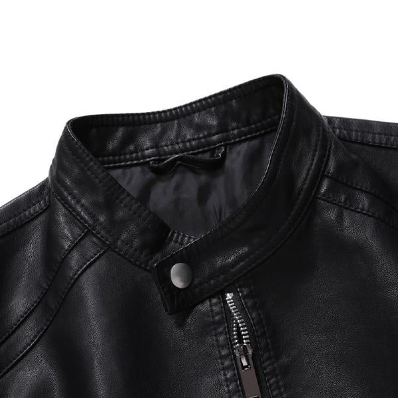Mens Stand Collar Zip Leather Jacket 58055758X