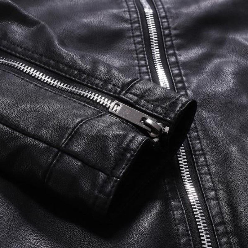 Mens Stand Collar Zip Leather Jacket 58055758X