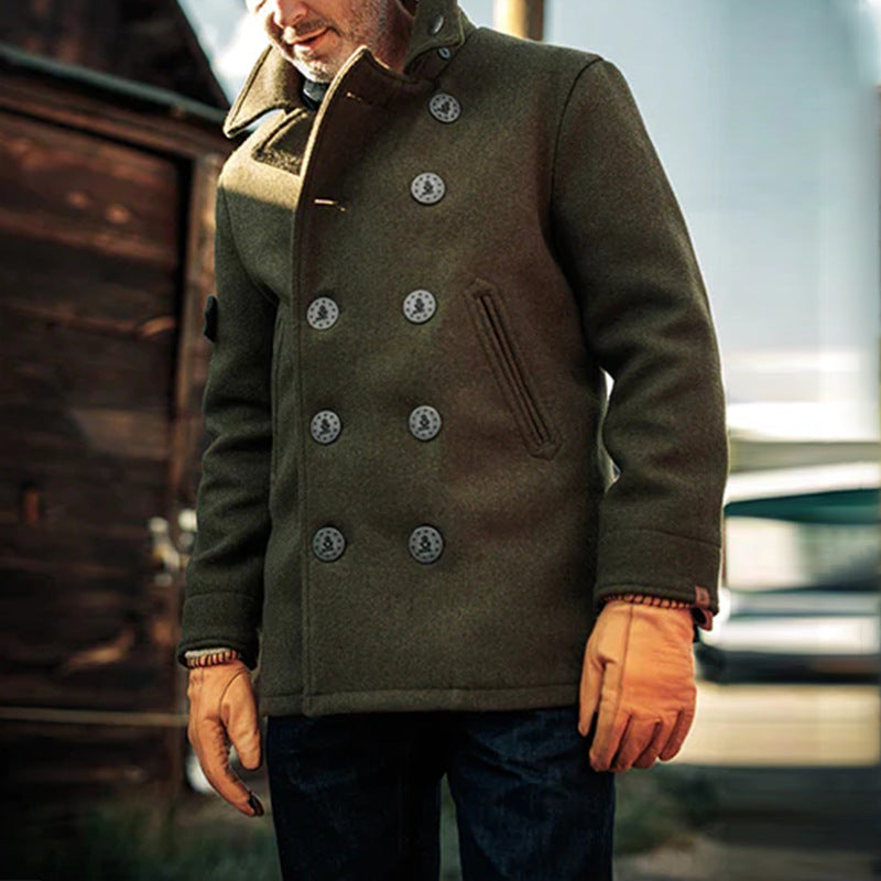 Mens Casual Double Breasted Solid Color Woolen Coat 56671886X