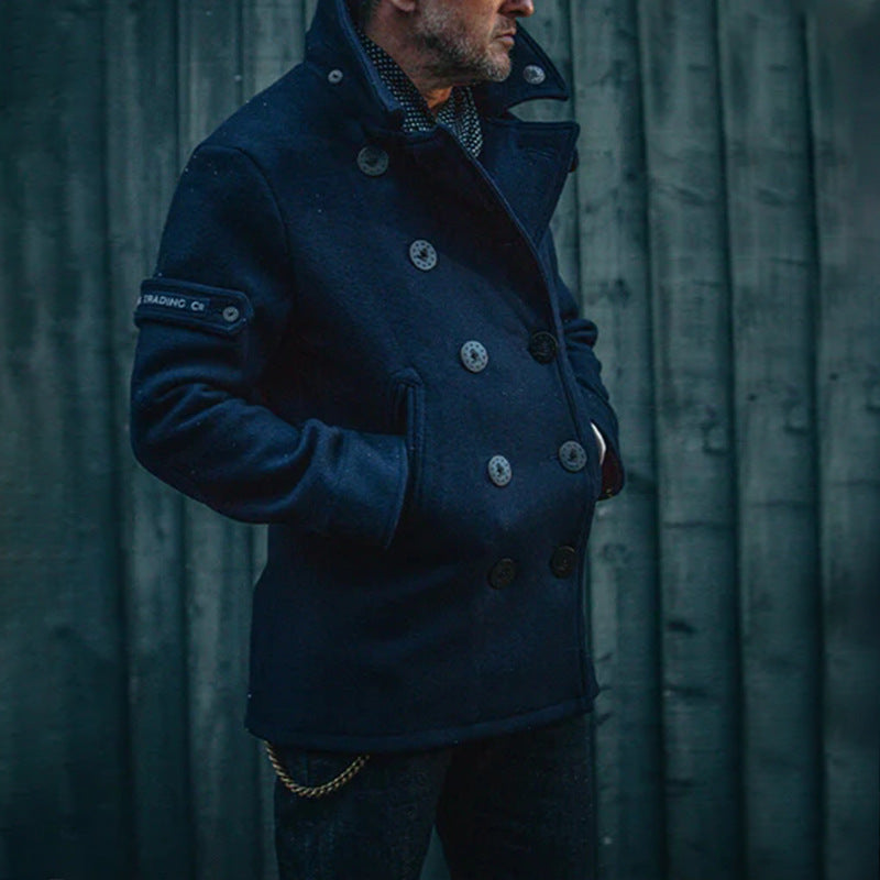 Mens Casual Double Breasted Solid Color Woolen Coat 56671886X